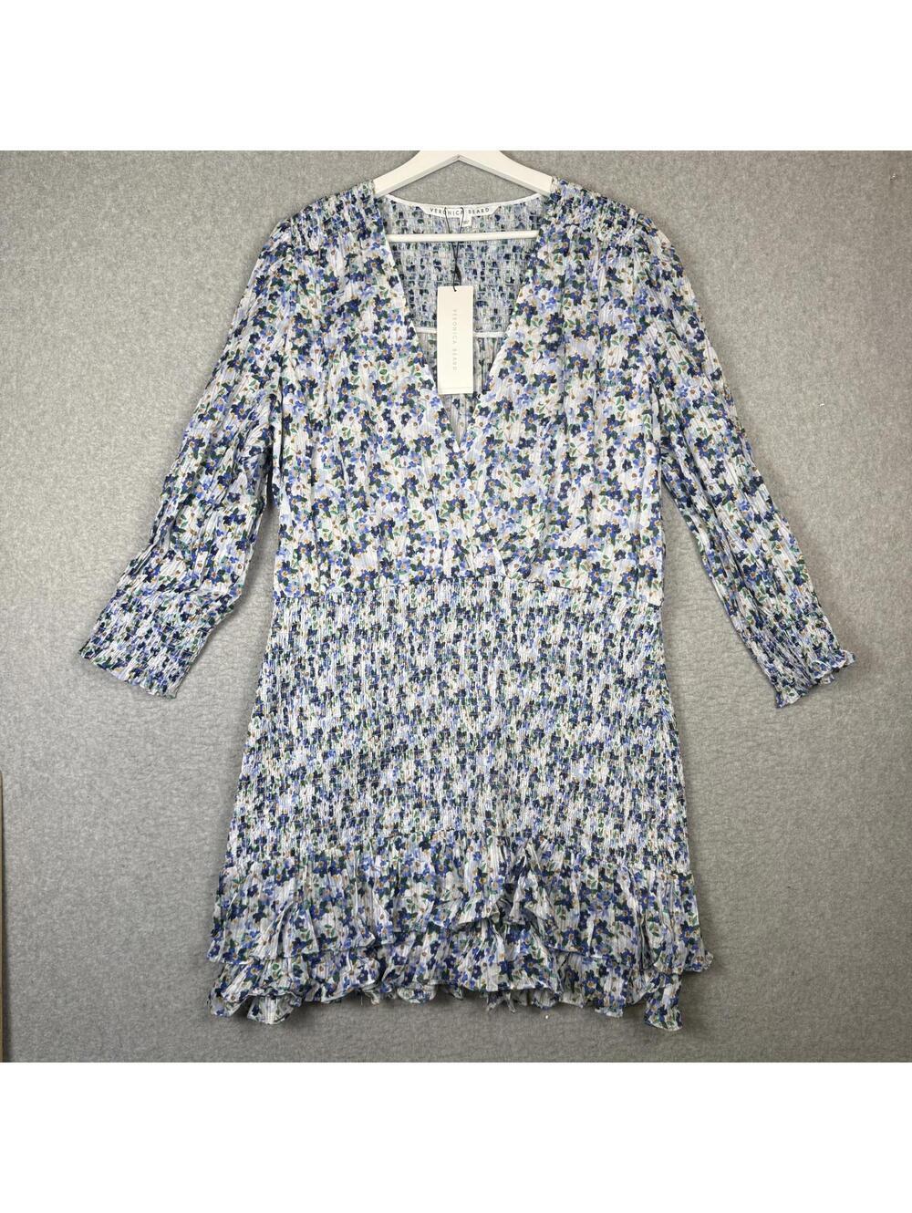 Veronica Beard NWT Darrah Smocked V Neck Dress Size 16 in Blue/Multicolor